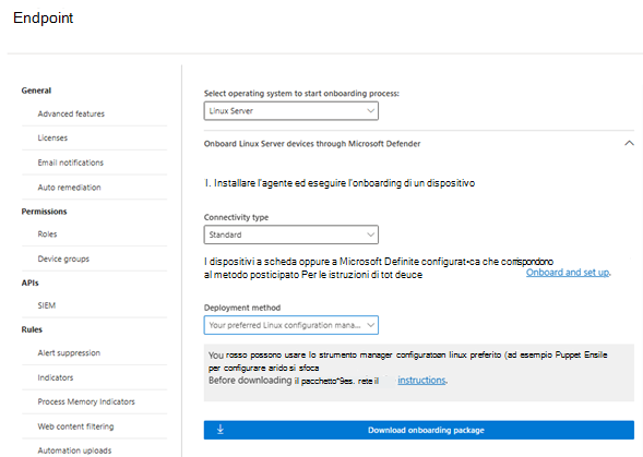 Screenshot che mostra MDE schermata di onboarding per usare Ansible.