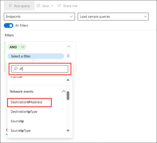 Screenshot del generatore di query in modalità guidata per la ricerca di connessioni riuscite a un filtro IP specifico