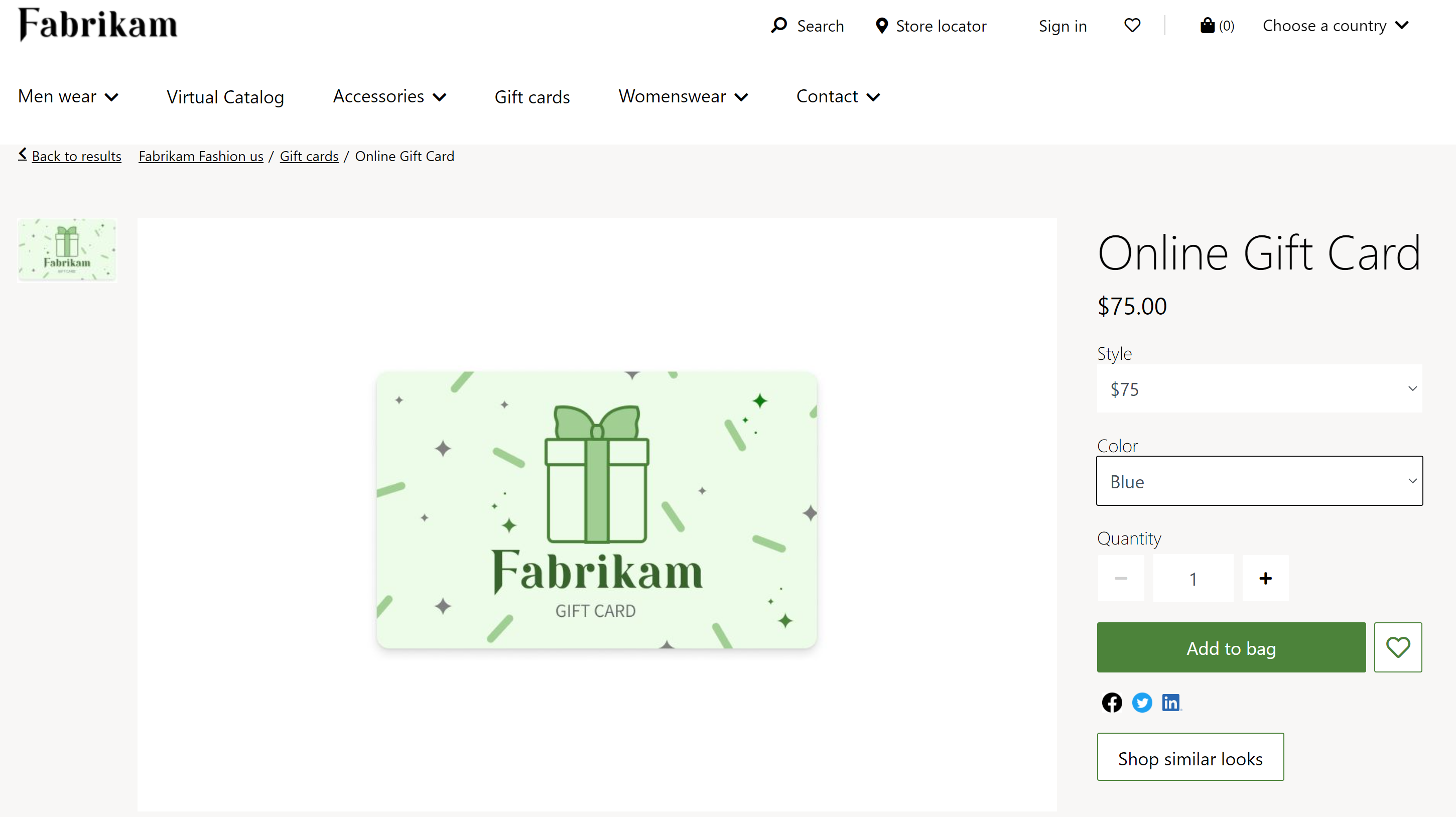 Esempio di PDP di una gift card digitale sul sito e-commerce di Fabrikam.