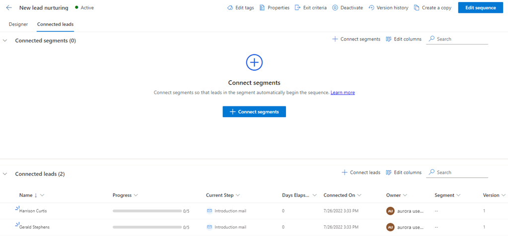 Record di lead connessi alla sequenza