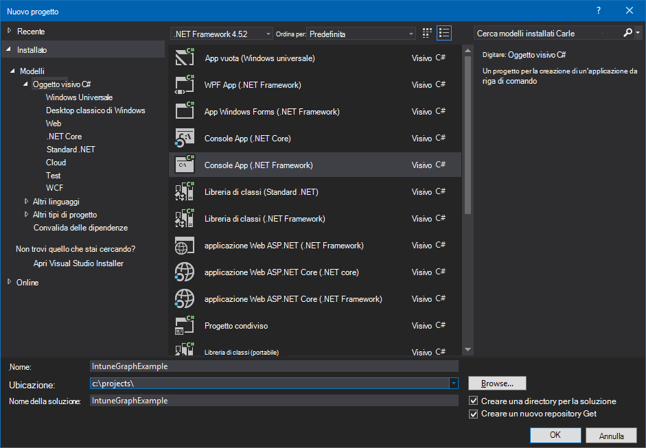 Creazione di un progetto di app console C# in Visual Studio