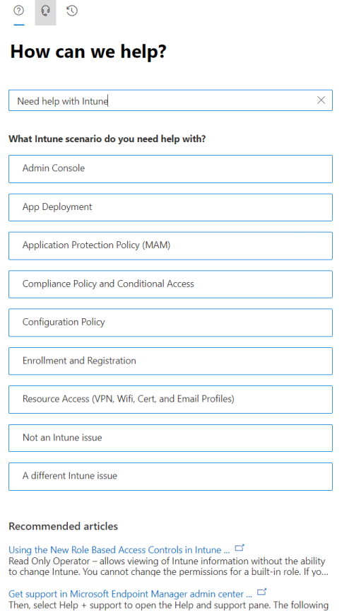 Screenshot che mostra le opzioni dello scenario nell'interfaccia di amministrazione Intune.