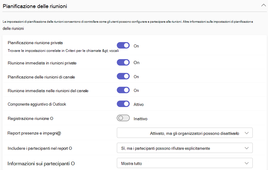 Screenshot dei criteri di pianificazione delle riunioni di Teams nell'interfaccia di amministrazione di Teams.