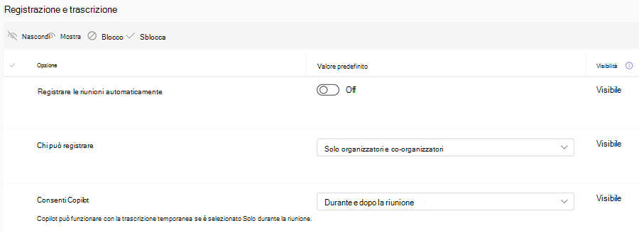 Screenshot dei criteri di registrazione di Teams per i modelli di riunione nell'interfaccia di amministrazione di Teams.