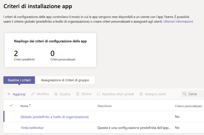 Screenshot dei criteri di configurazione delle app.