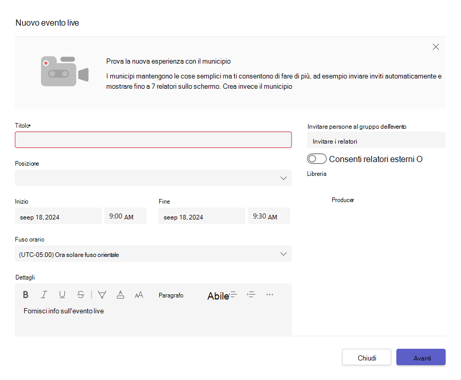 Screenshot che mostra la schermata dell'evento live per creare e pianificare un nuovo evento live.