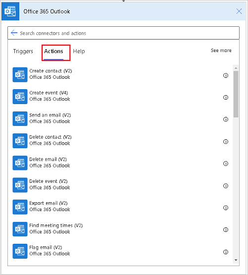 Screenshot di un elenco parziale delle azioni di Office 365 Outlook.