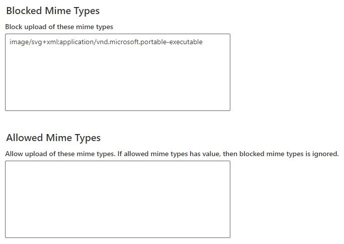 Screenshot dei tipi MIME bloccati nelle impostazioni di privacy dell'ambiente Dataverse.