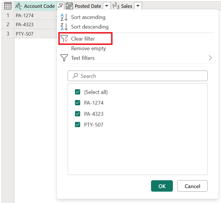 Screenshot dell'icona del filtro selezionata e dell'opzione Cancella filtro evidenziata.