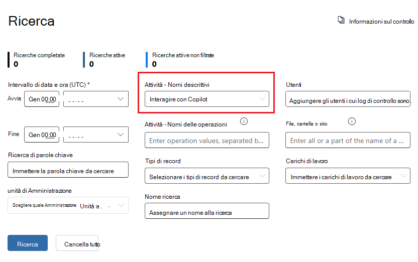 Opzioni di controllo per identificare le interazioni degli utenti con Copilot.