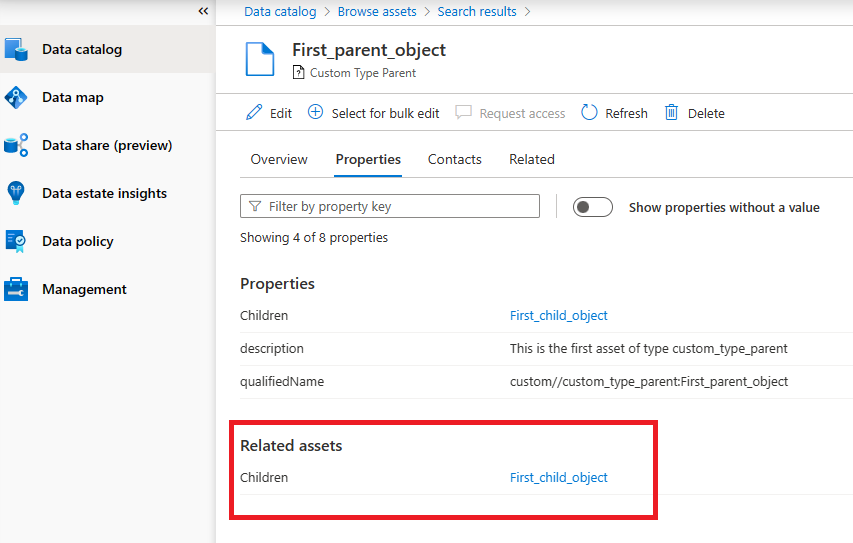 Screenshot della scheda delle proprietà con gli asset correlati evidenziati, che mostra un asset figlio.