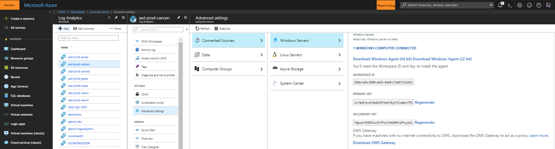 La finestra di Microsoft Azure, che mostra i collegamenti Scarica agente Windows per i file di installazione a 64 bit e a 32 bit.