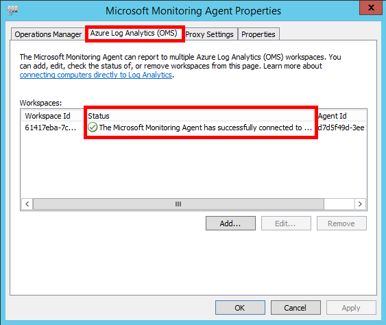 La finestra Proprietà di Microsoft Monitoring Agent, che mostra la scheda Azure Log Analytics evidenziata e la connessione riuscita.