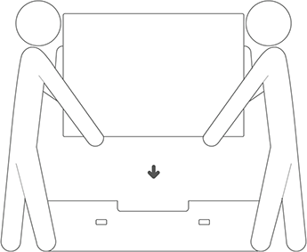 Rimuovere qualsiasi hardware di base o di montaggio. Usando due persone, posizionare l'unità nella base del contenitore di spedizione.