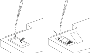 Immagine che mostra come rimuovere la vite del coperchio e il coperchio dalla cartuccia di calcolo e quindi rimuovere l'unità SSD (Solid State Drive). Al termine, sostituire il coperchio.