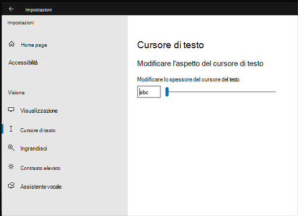 Modificare le dimensioni o il colore del cursore di testo 