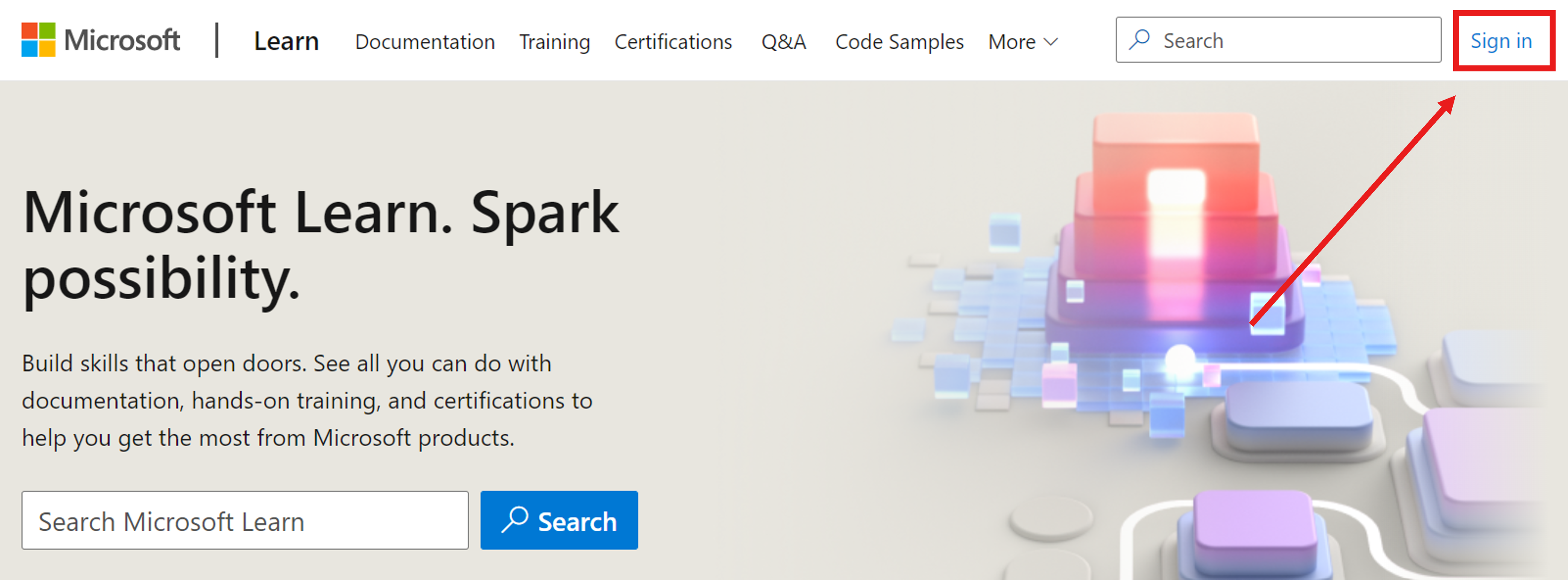 Screenshot della home page di Microsoft Learn, con una freccia per il collegamento di accesso nell'angolo superiore destro.