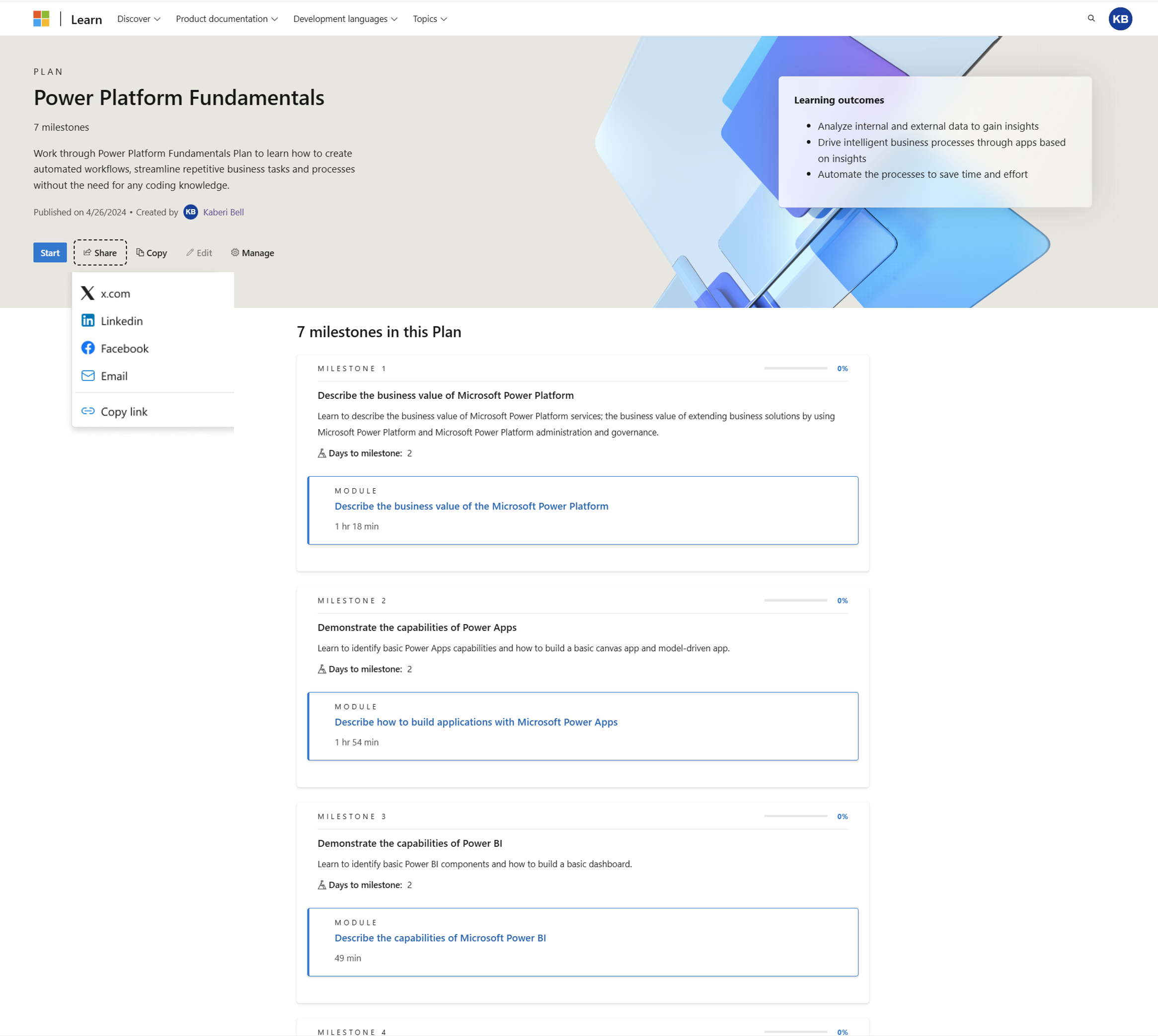 Screenshot di un profilo utente in Learn in cui è possibile visualizzare l'attività per tutti i piani avviati.