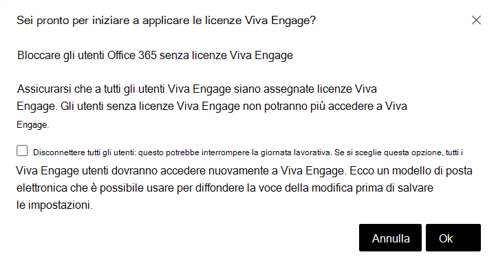 Screenshot della finestra di dialogo di conferma per iniziare a bloccare gli utenti senza una licenza di base Viva Engage.