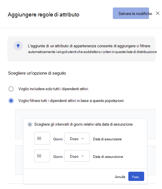 Screenshot di una Viva Glint lista di distribuzione basata su data per un sondaggio di onboarding di 30 giorni.