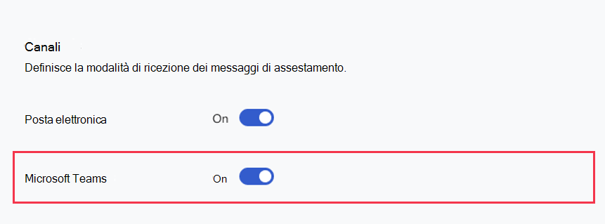 Screenshot dell'interruttore di Microsoft Teams impostato su Attivato nella sezione Configurazione gruppo di destinatari per un gruppo di destinatari Nudges.