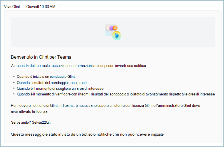 Screenshot del messaggio di Teams che gli utenti ricevono quando Viva Glint viene installato in Microsoft Teams.