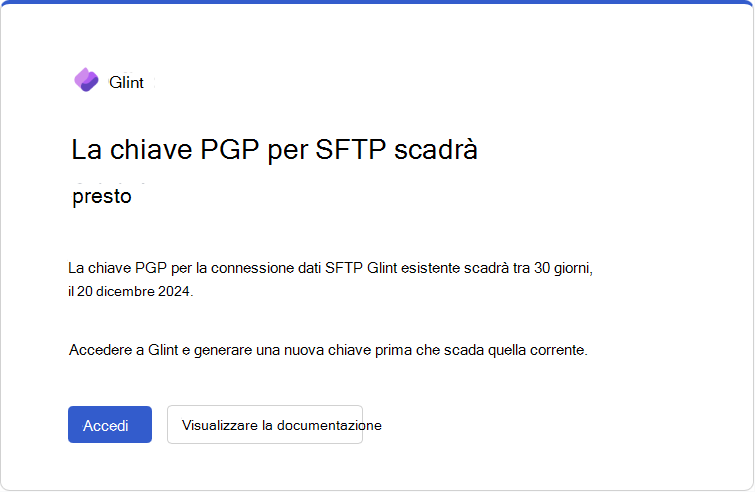 Screenshot del messaggio di posta elettronica di scadenza della chiave PGP che Glint invia 30 giorni prima della data di scadenza.