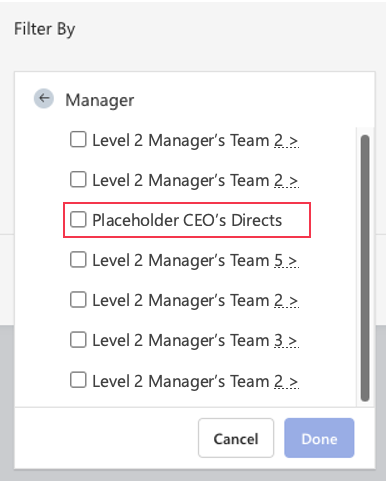 Screenshot dei filtri della gerarchia di manager nei report Glint, con un CEO segnaposto come utente di primo livello e più amministratori delegati come responsabili di livello 2.