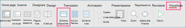 Screenshot dello schema diapositiva di PowerPoint sulla barra dei menu Visualizza.