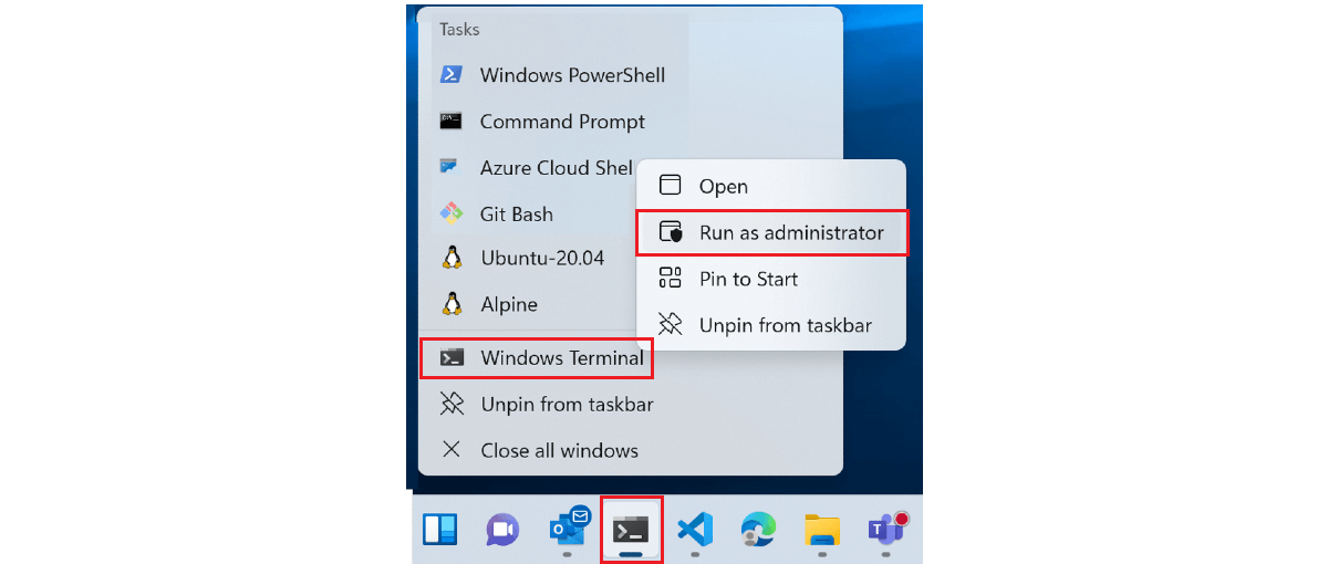 Terminale Windows modalità di amministrazione