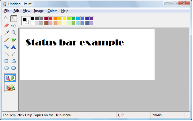 schermata dell'applicazione di disegno, con una barra di stato che contiene suggerimenti sulla Guida online