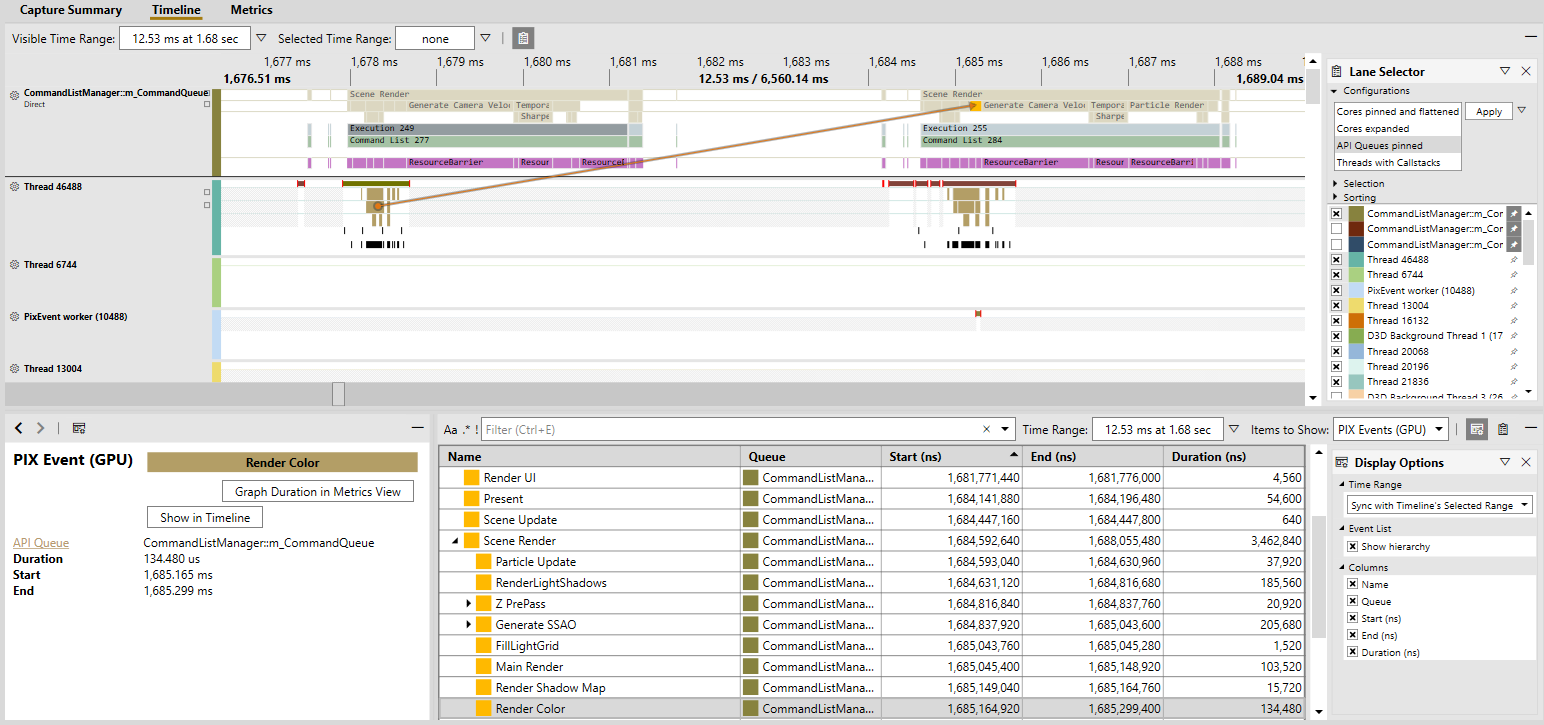 Visualizzazione degli eventi GPU PIX non appiattiti e del lavoro GPU in coda API, con una freccia che indica quale thread della CPU ha inviato il lavoro GPU