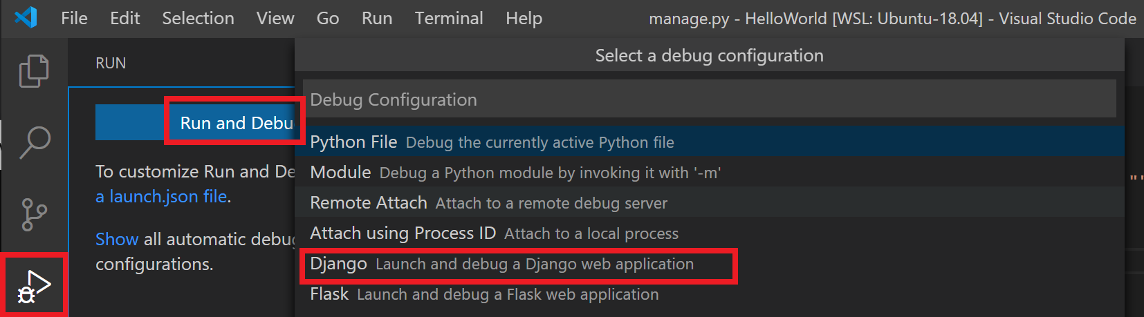 Configurazione di debug dell'esecuzione di VS Code