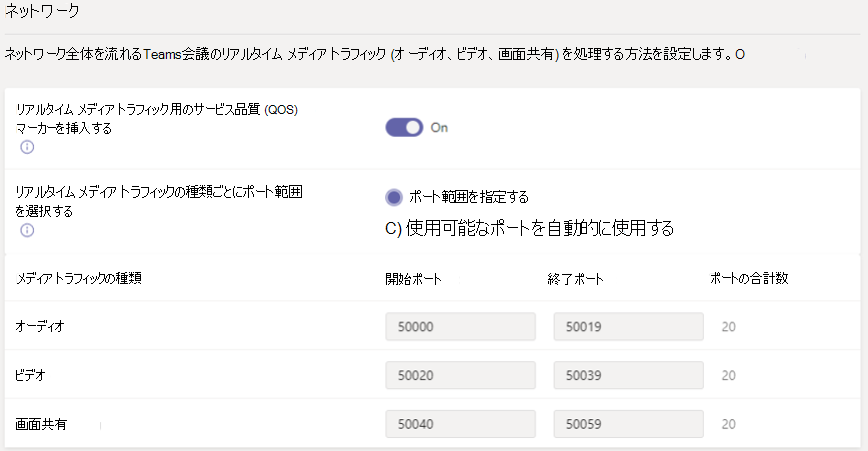 管理センターでの会議のネットワーク設定のスクリーンショット。