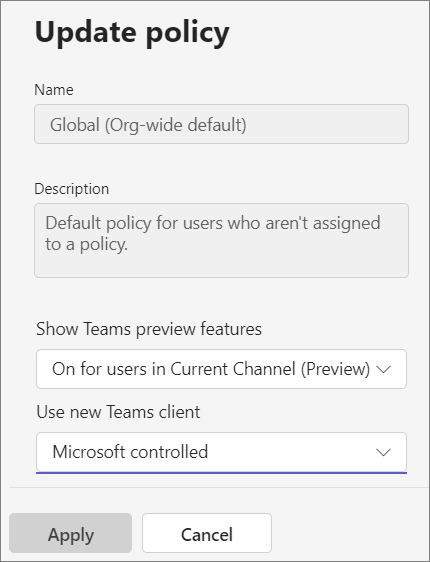 Teams 管理センターの更新ポリシー パネルのスクリーンショット。