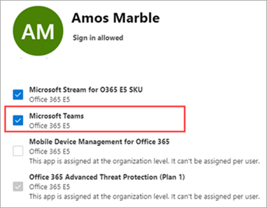 ユーザーに対して有効になっている Teams ライセンスのスクリーンショット 1。