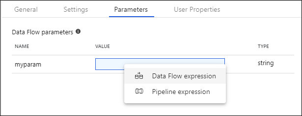 スクリーンショットは、myparam の値に [Data flow expression]\(データ フロー式\) が選択された [パラメーター] タブを示しています。