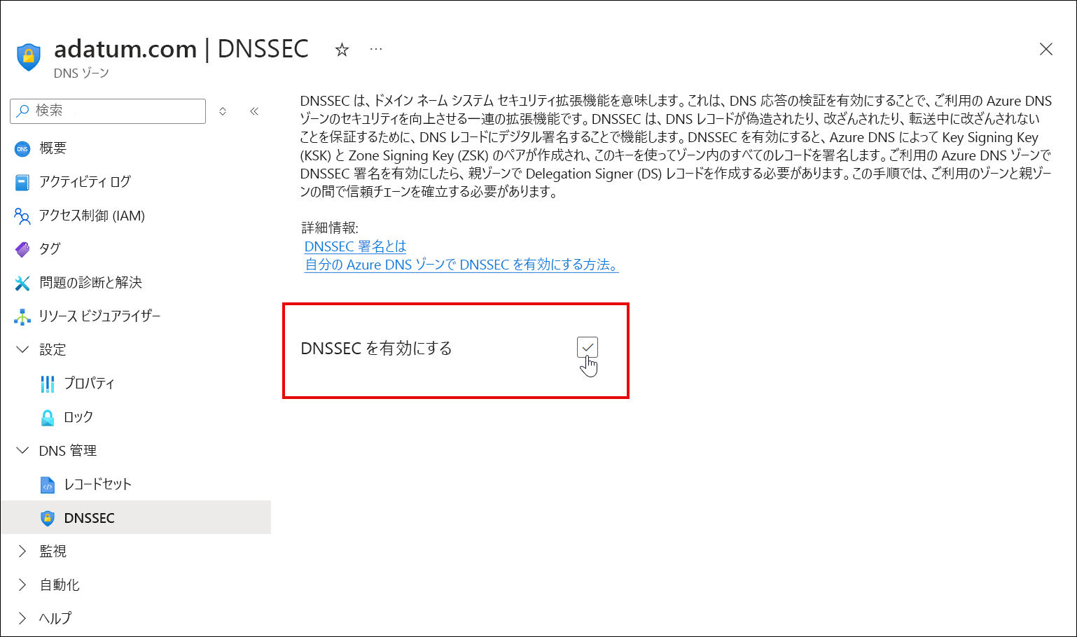 DNSSEC チェックボックスをオンにしているスクリーンショット。