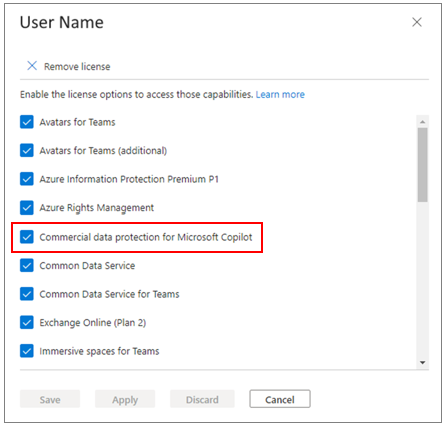 ライセンス項目に商用データ保護Microsoft Copilot適用します。
