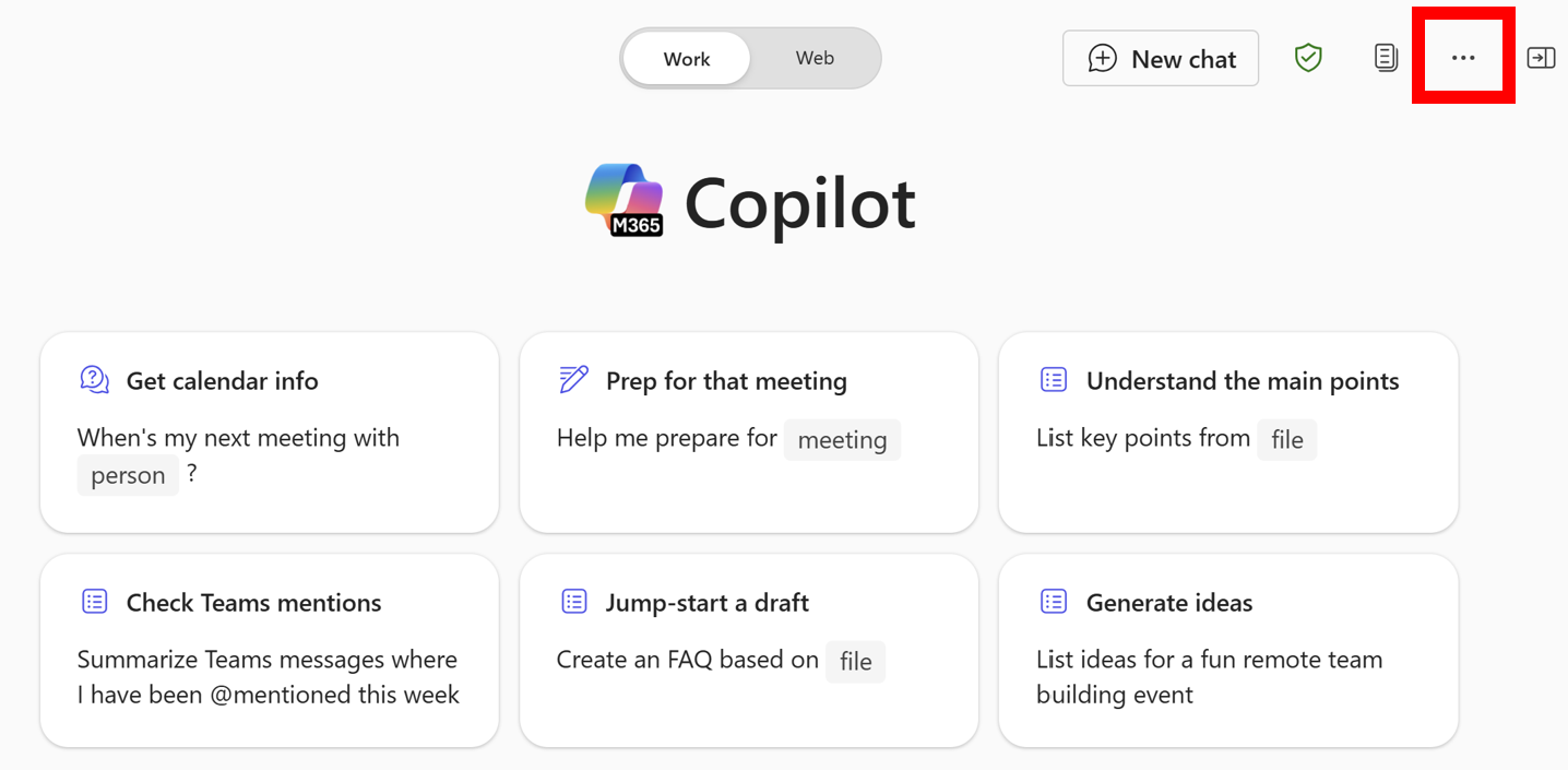 Microsoft 365 Copilotの [作業] タブのスクリーンショット。右上隅のメニュー オプションが赤いボックスで強調表示されています。