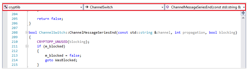 エディター ウィンドウの上にあるナビゲーション バーのスクリーンショット。cryptlib > ChannelSwitch > ChannelMessageSeriesEnd() と表示されています。