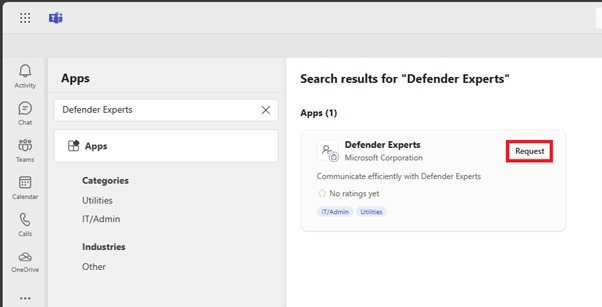 Microsoft Teamsで Defender Experts アプリを要求するスクリーンショット。