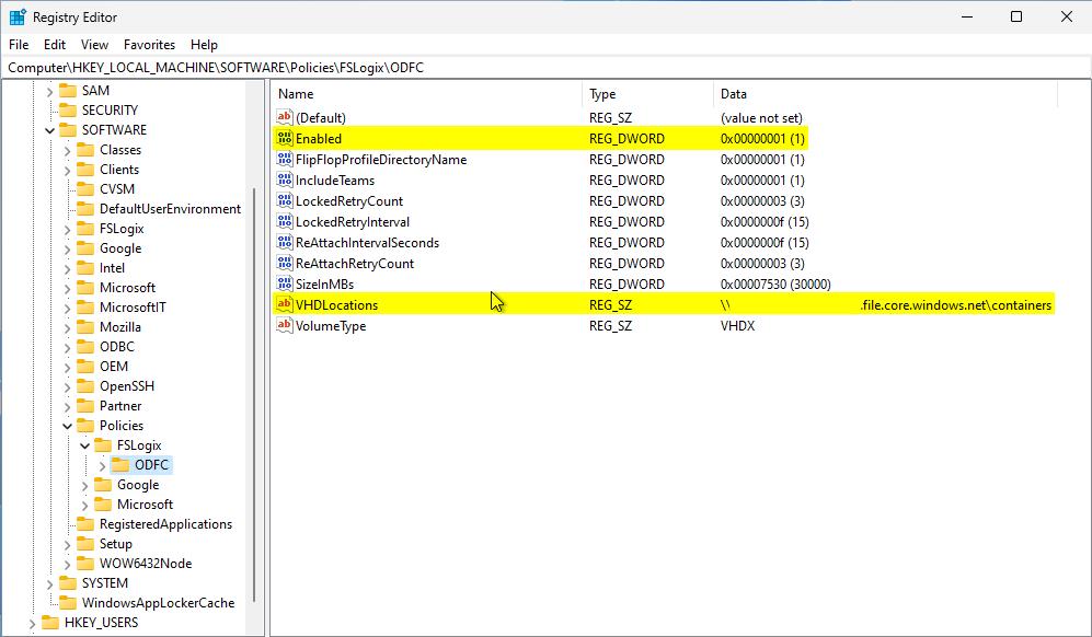 FSLogix レジストリ設定 ODFC