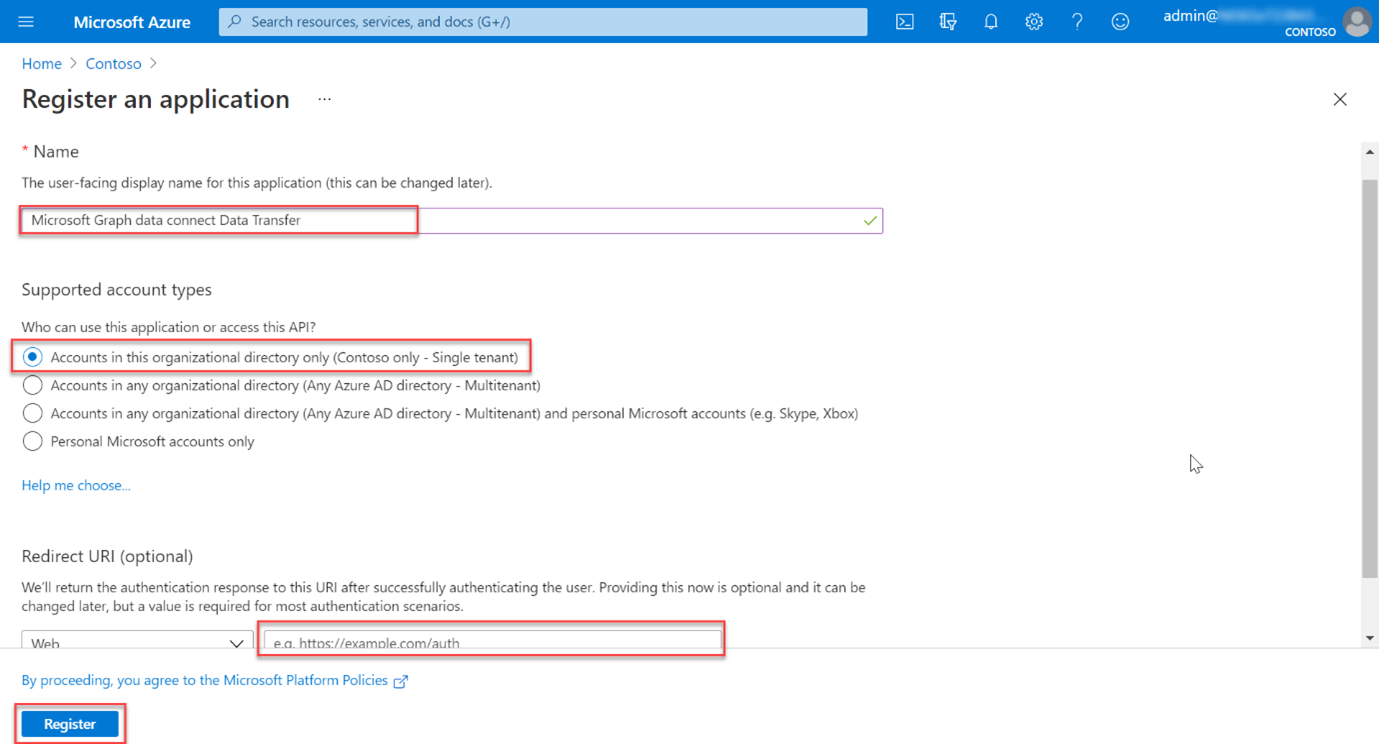 Azure portal で新しいアプリケーション登録を登録する手順を示すスクリーンショット。