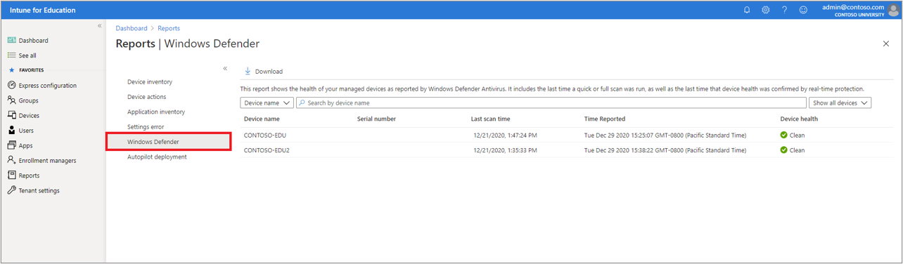 Windows Defender レポート画面。Windows Defender ウイルス対策によって報告されたデバイスの一覧が表示されます。