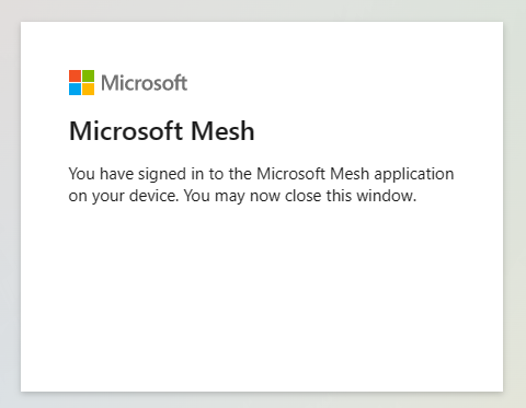 Microsoft Web ページで Quest デバイスを確認する Mesh スタートアップ ページのスクリーンショット