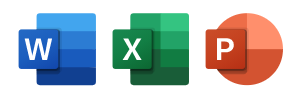 Word、Excel、PowerPoint の Fluent UI アイコン。