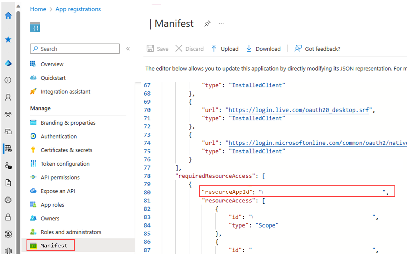 サンプル アプリのマニフェスト画面のスクリーンショット。リソース ID が強調表示されています。