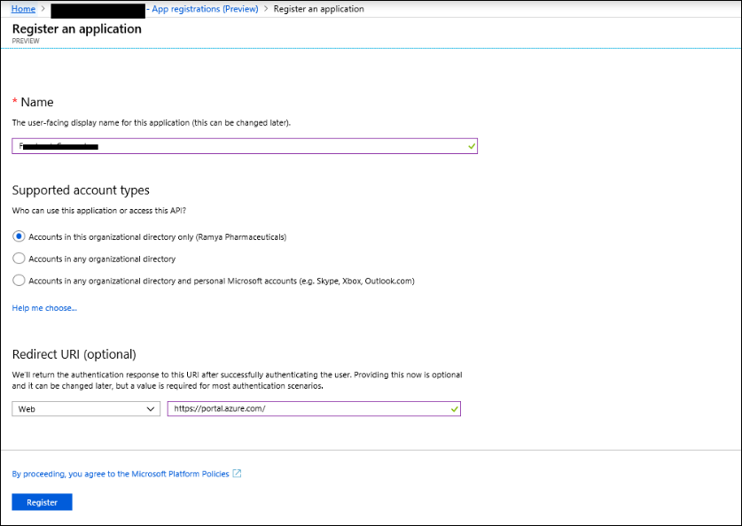 リダイレクト URI の https://portal.azure.com を入力します。