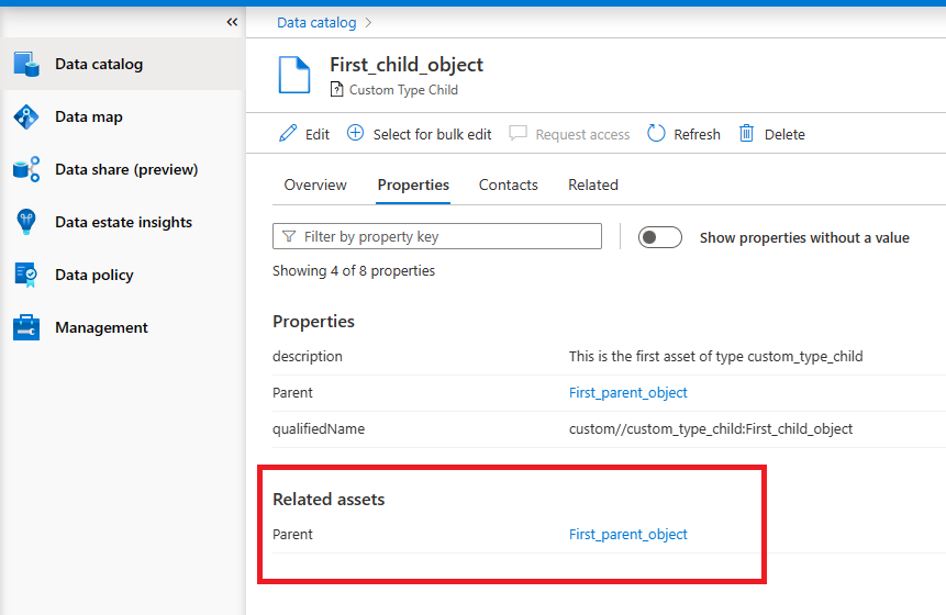 プロパティ ページのスクリーンショット。1 つの親アセットを持つ関連アセットが表示されています。